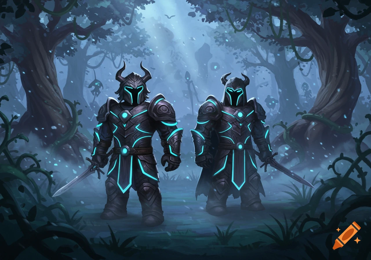 Two stylized armored figures with glowing blue accents and swords stand in a mystical, misty forest.