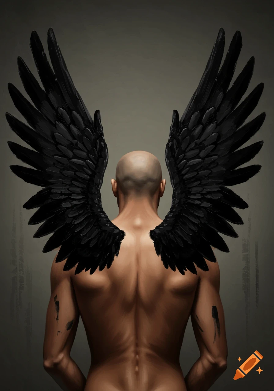 A bald, muscular person seen from behind, with large black feathered wings. Stylized art.