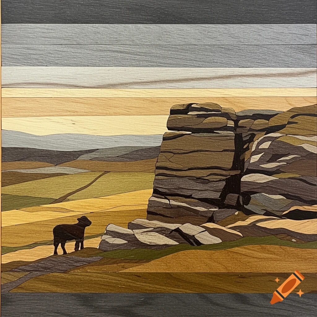 A marquetry artwork of a sheep on a path near a rocky outcrop, overlooking rolling hills under a layered sky.