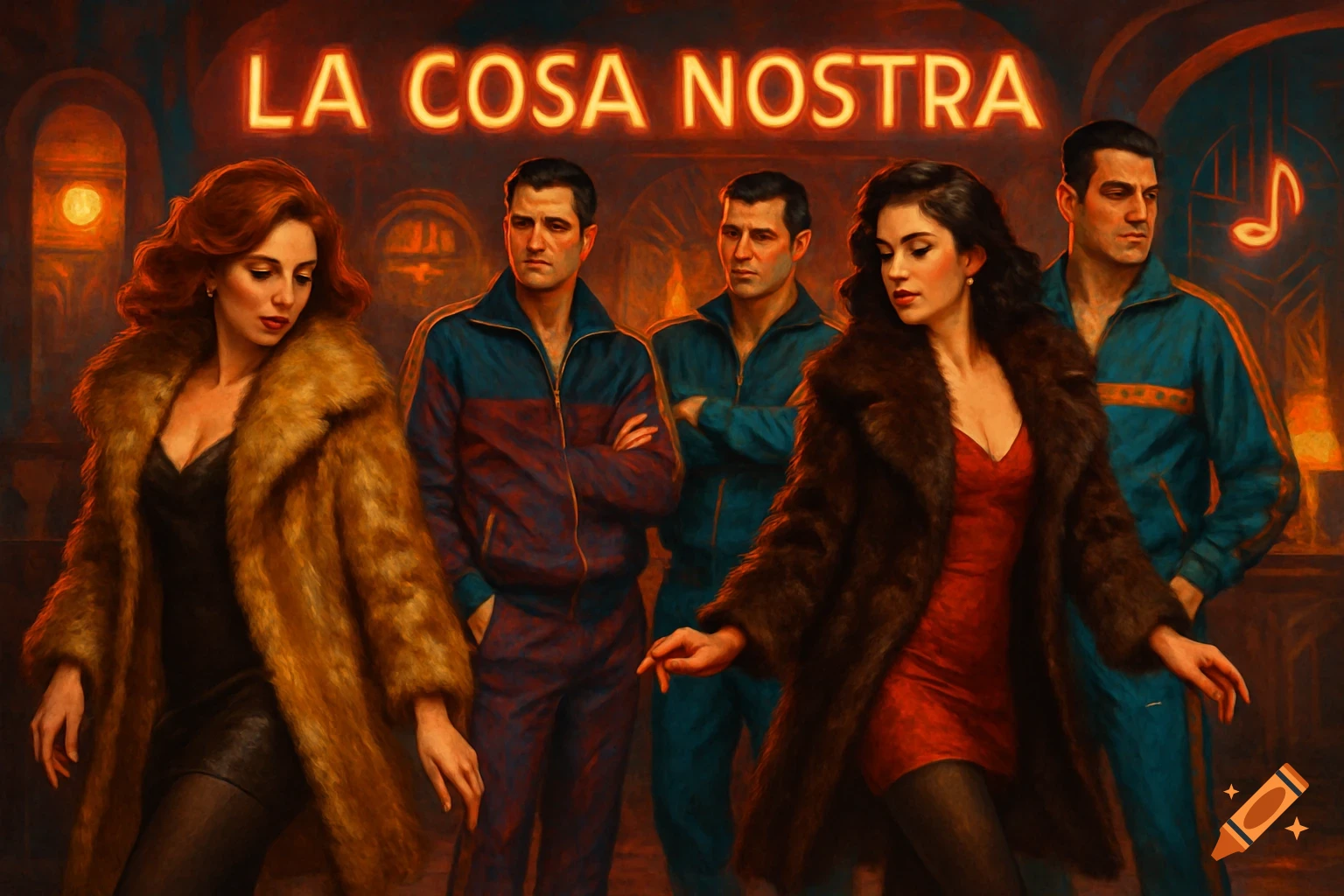 An illustrative painting of two women in fur coats and three men in tracksuits under a neon sign that reads "LA COSA NOSTRA".