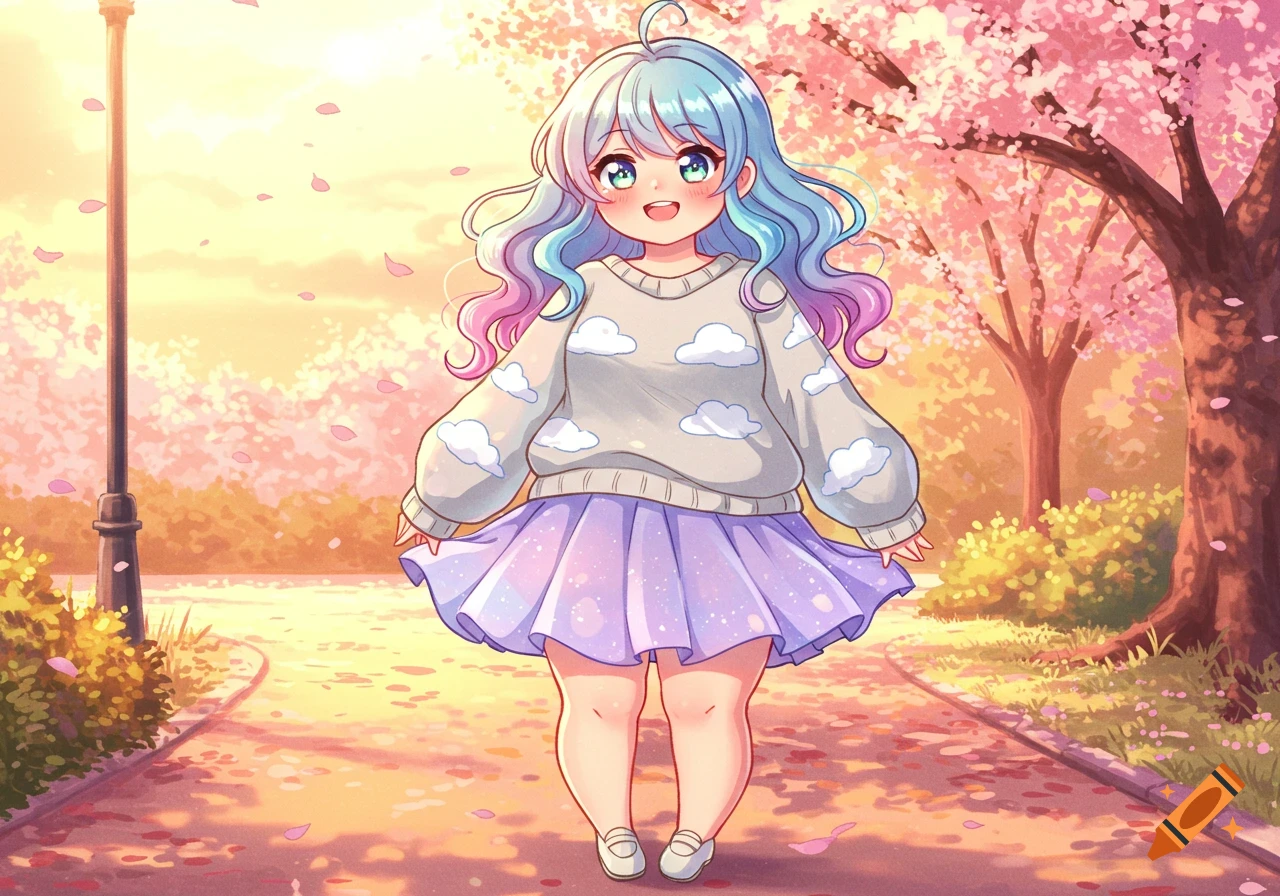 A cute anime girl with pastel blue and pink hair, wearing a white sweater with clouds and a purple skirt, walking on a path in a park with cherry blossoms at sunset.