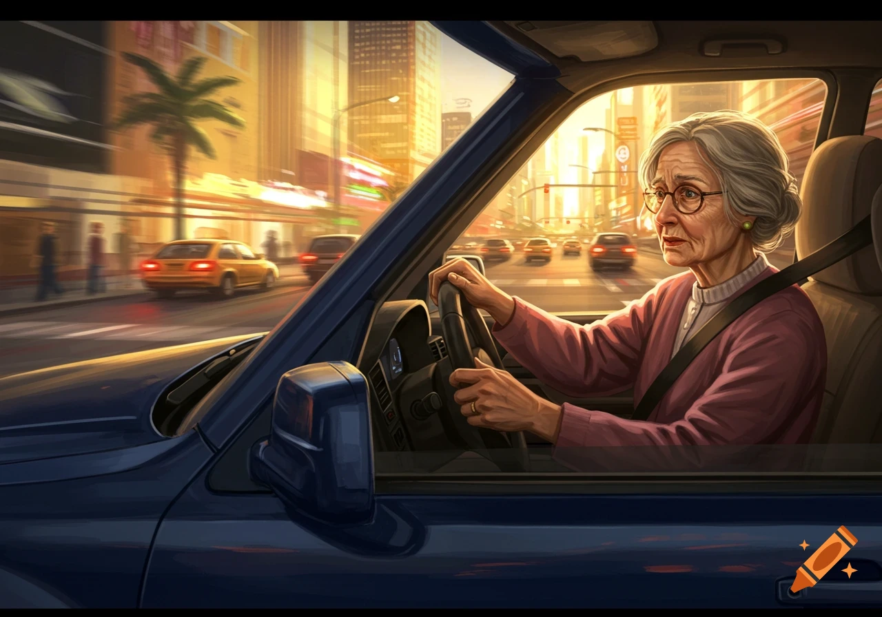 An older woman with grey hair and glasses looks stressed as she drives a blue SUV on a busy city road during golden hour.