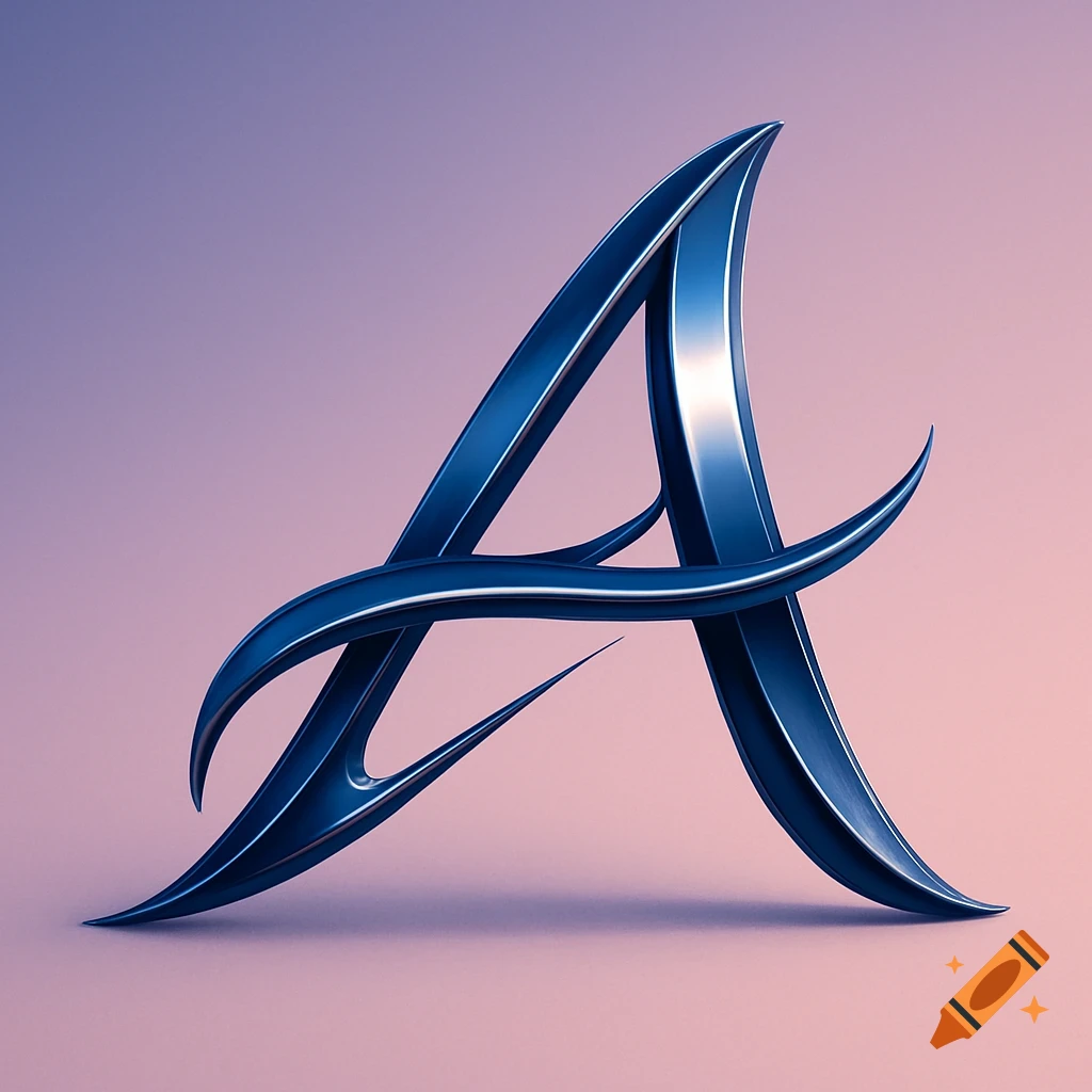 Stylized, glossy blue metallic letter A on a soft gradient background.