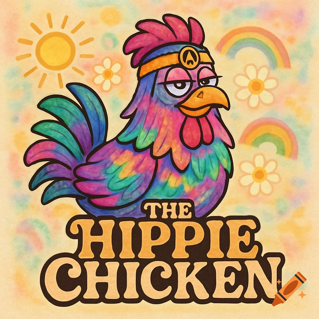 A colorful tie-dye cartoon chicken wearing a headband, with the text "THE HIPPIE CHICKEN" below, surrounded by sun, flowers, and rainbows.