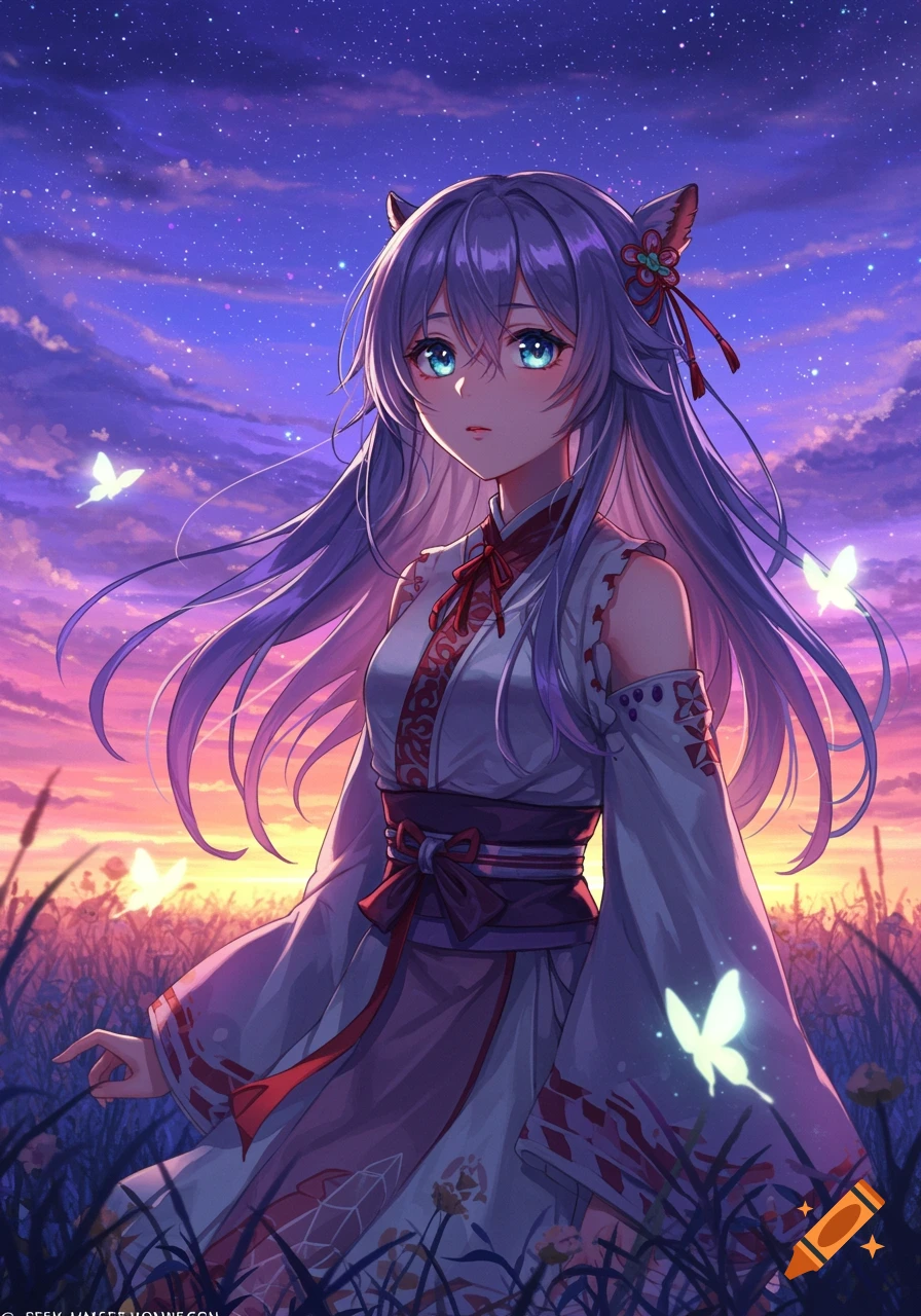 An anime girl with light purple hair and blue eyes in a white and red outfit stands in a field with glowing butterflies under a starry sunset sky.