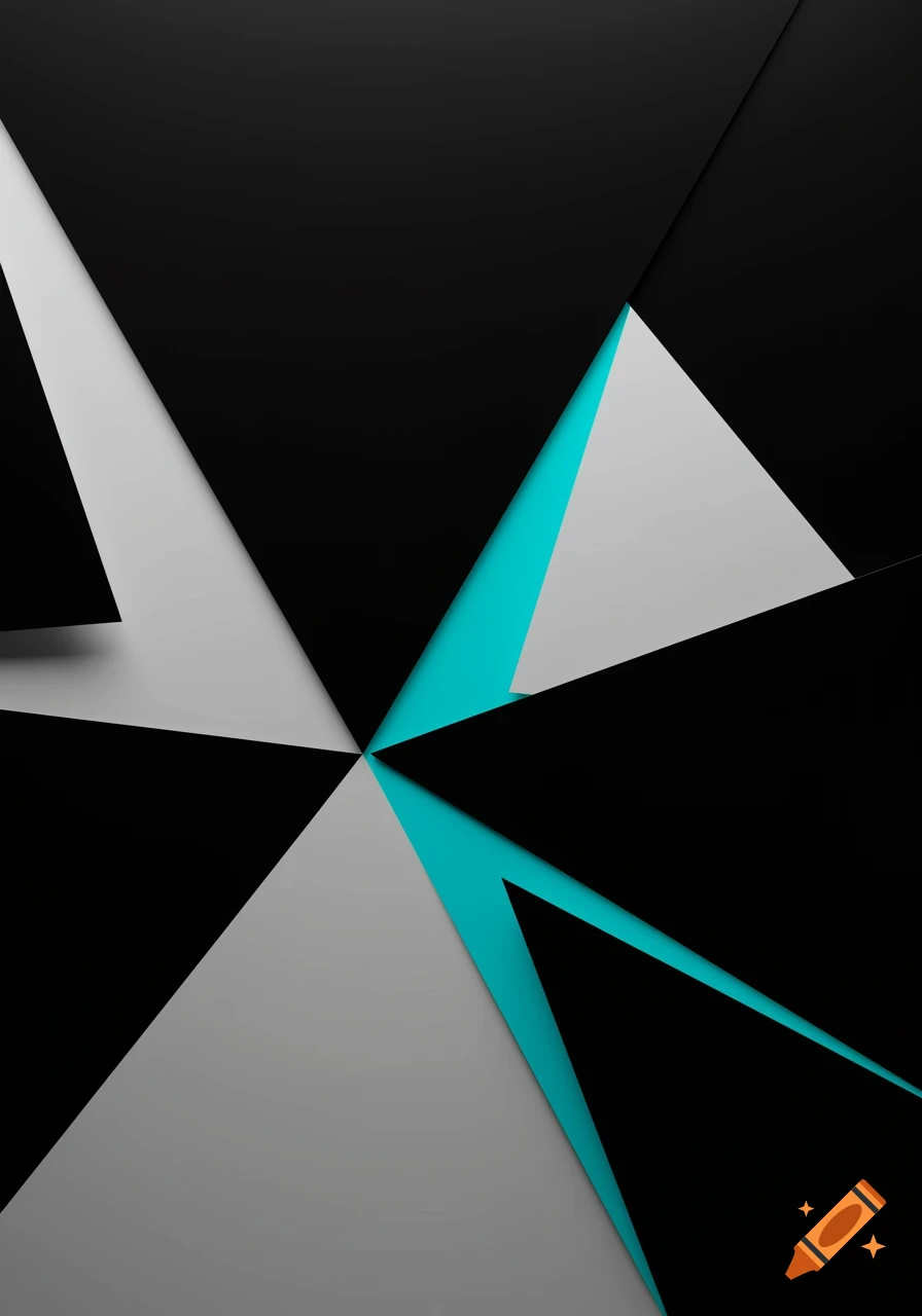 Abstract geometric composition of overlapping black, white, and cyan triangles.