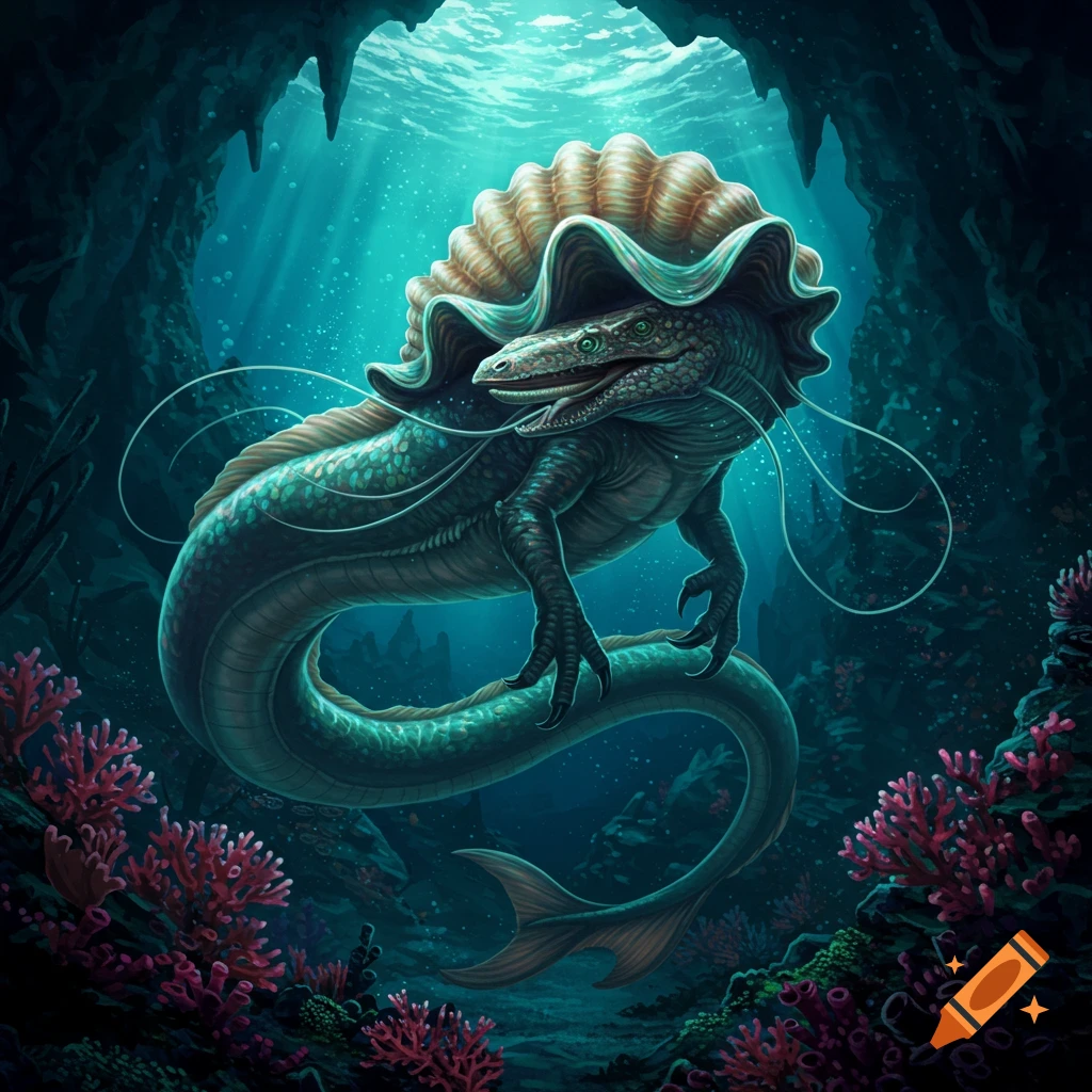 A clam, eel, and dinosaur hybrid creature swims through a dark underwater cave with light rays from the surface and red coral.