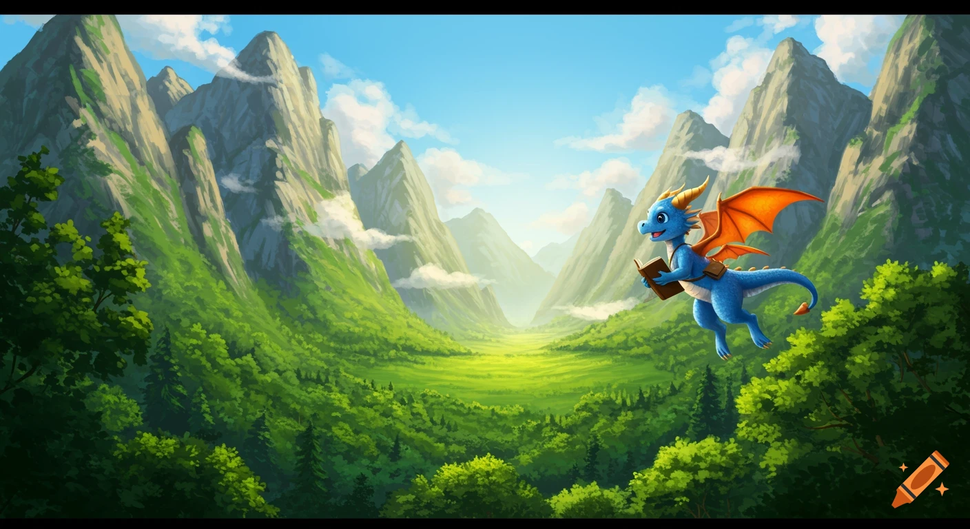 A cartoon blue dragon with orange wings flies through a green valley with mountains, holding a closed book.