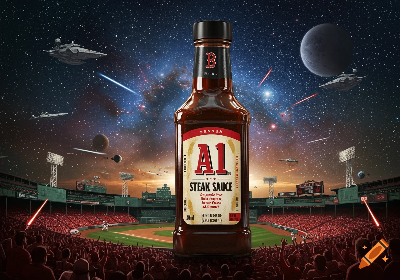 A large A1 Steak Sauce bottle stands prominently in a baseball stadium at night, with Star Wars-like spaceships and planets in the starry sky, and laser beams crossing the scene.