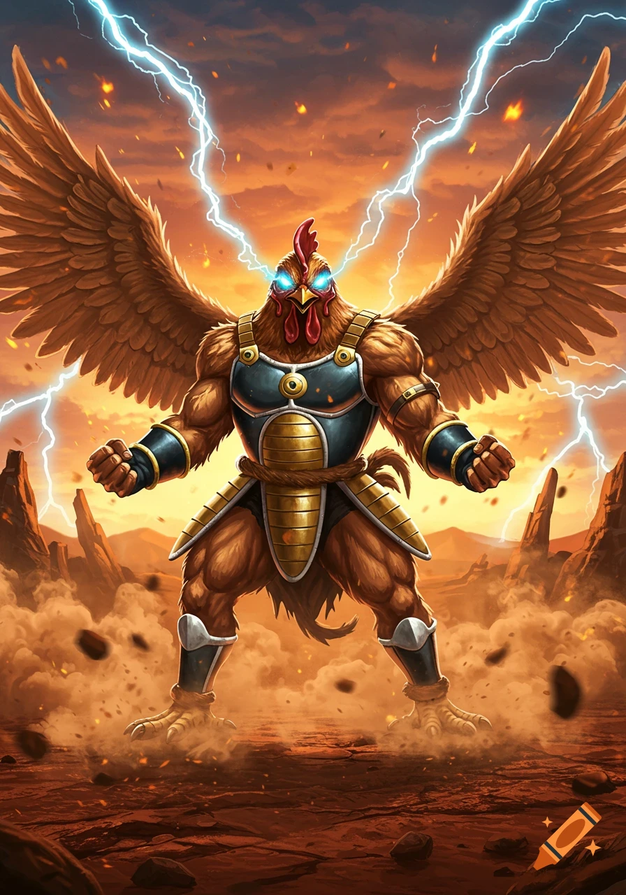 A muscular, winged chicken-like creature in armor stands powerfully amidst lightning in a barren, rocky landscape under an orange sky.