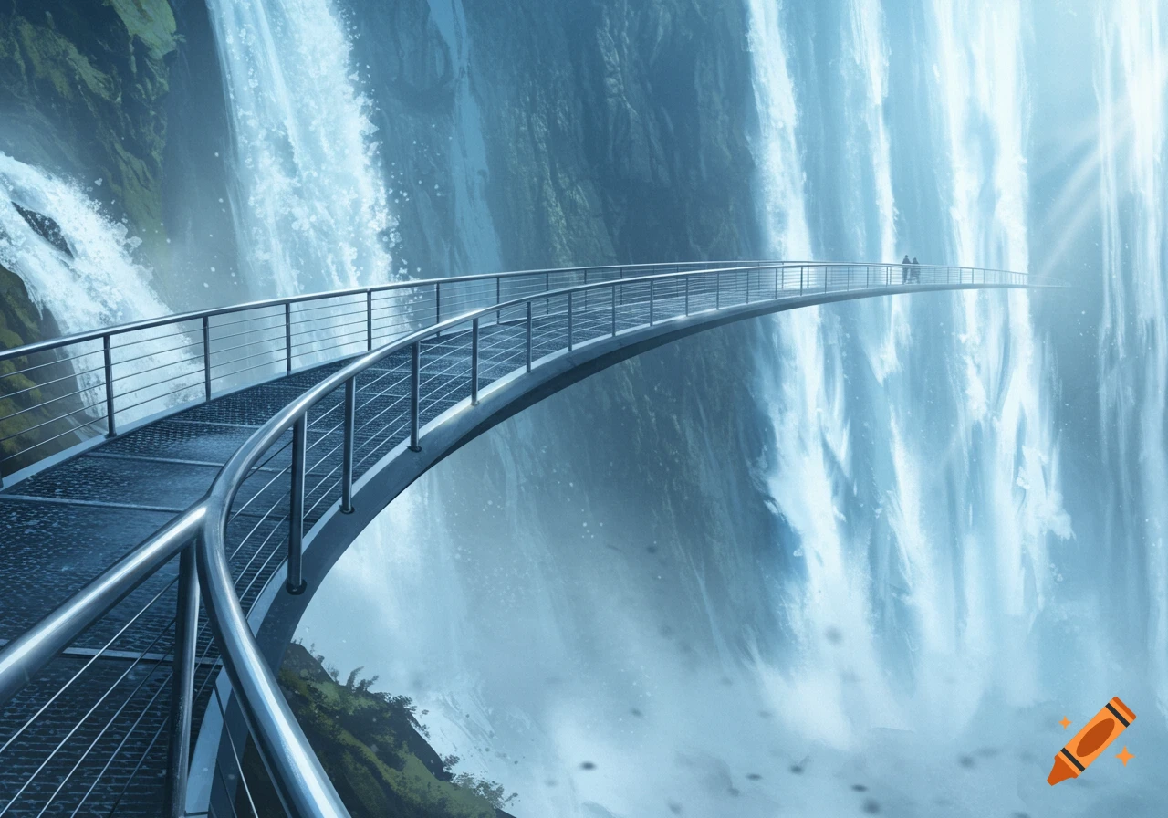 A curved metal footbridge stretches across a massive, roaring waterfall, with tiny figures on the distant end.