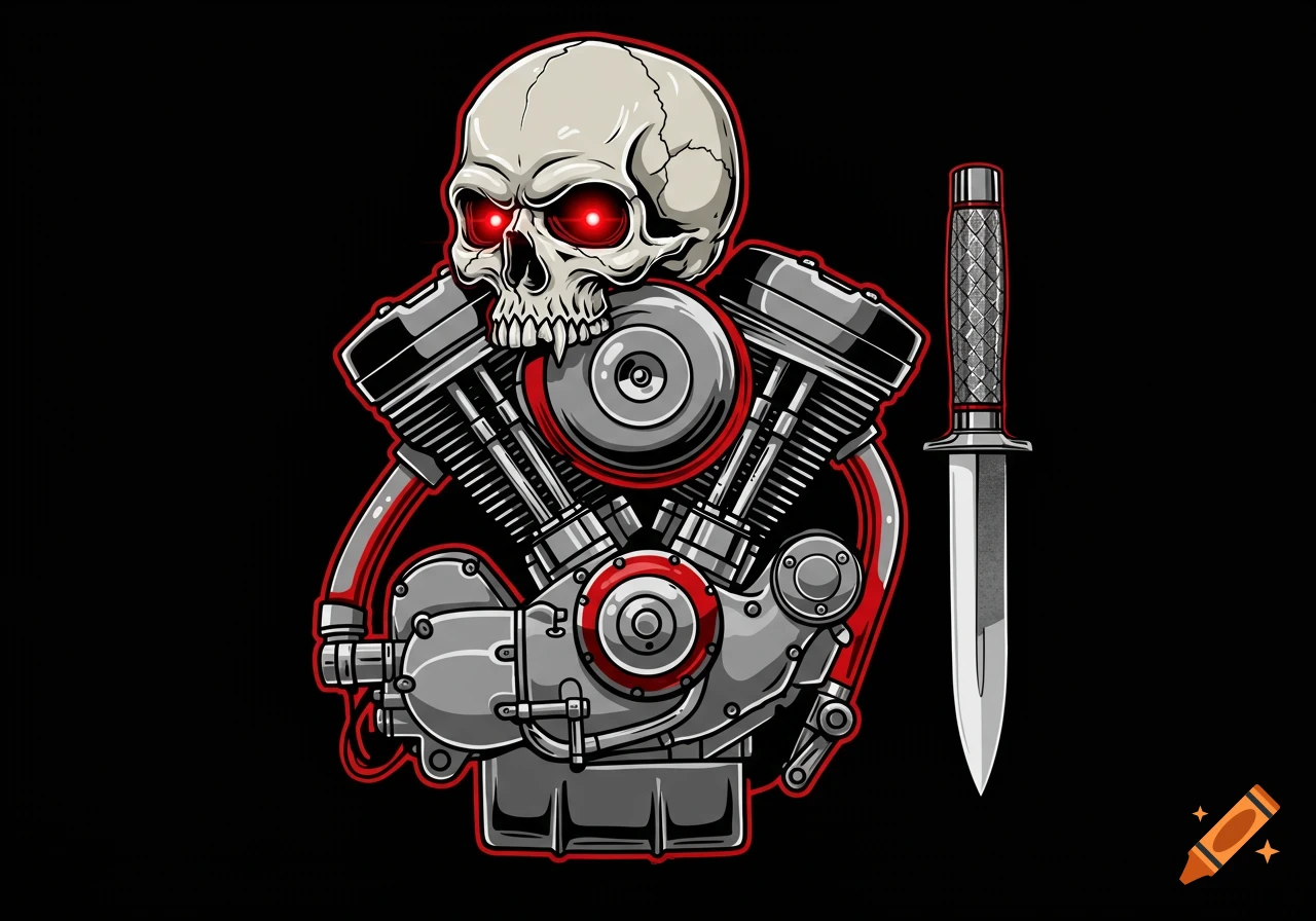 A stylized illustration of a skull with glowing red eyes, sitting atop a detailed Harley-Davidson style motorcycle engine, with a knife positioned vertically to its right, all against a black background.