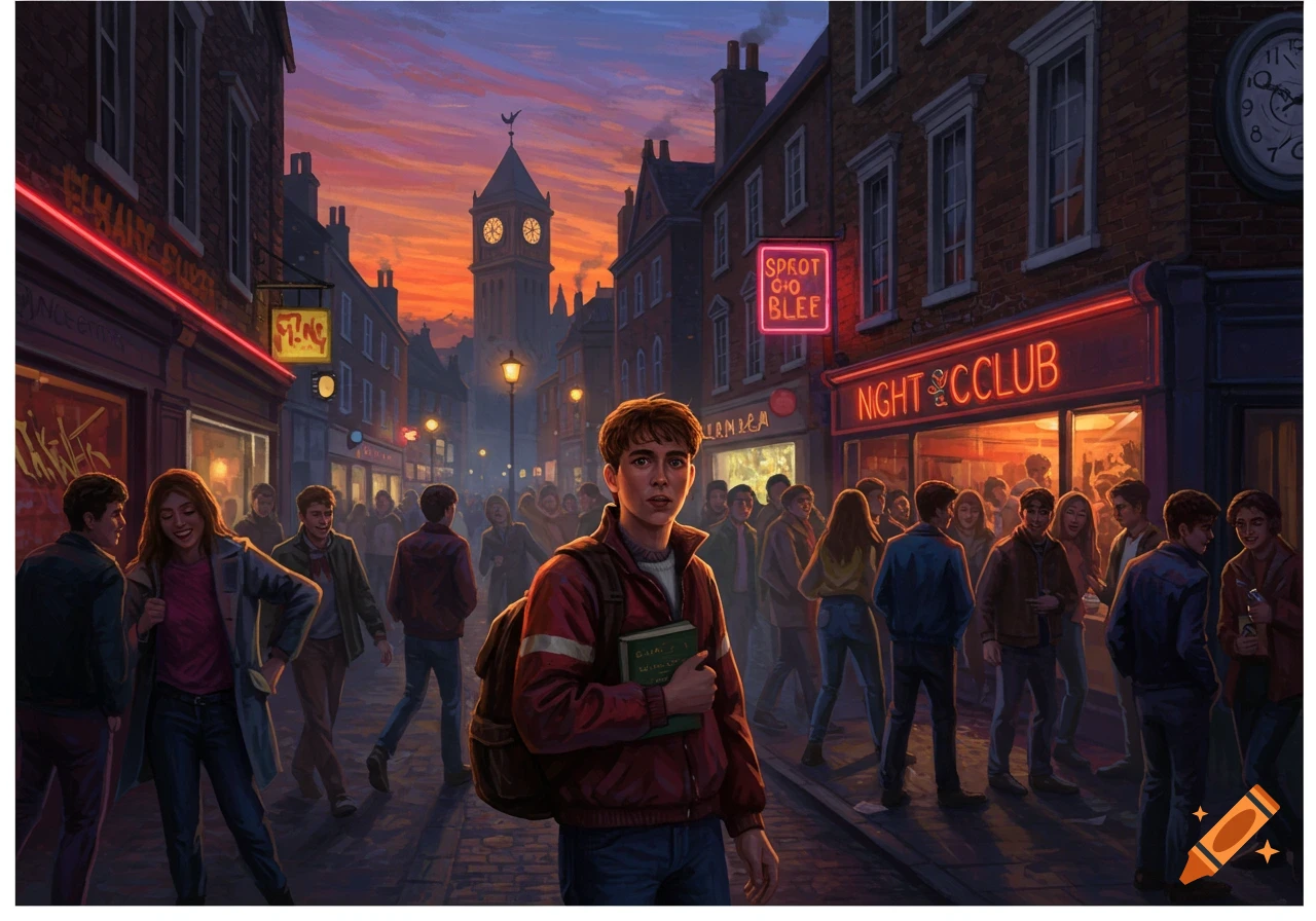 A young man with a backpack and a book stands on a busy cobblestone street at dusk, surrounded by people and glowing neon signs. A clock tower is in the background.