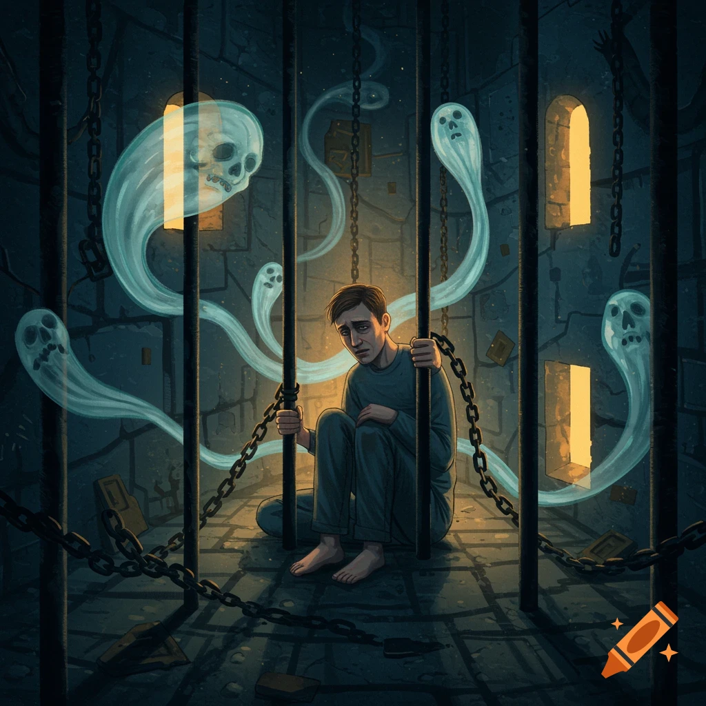 A man sits dejectedly in a dark, decrepit jail cell, surrounded by floating, glowing blue ghosts. Chains lie on the floor.