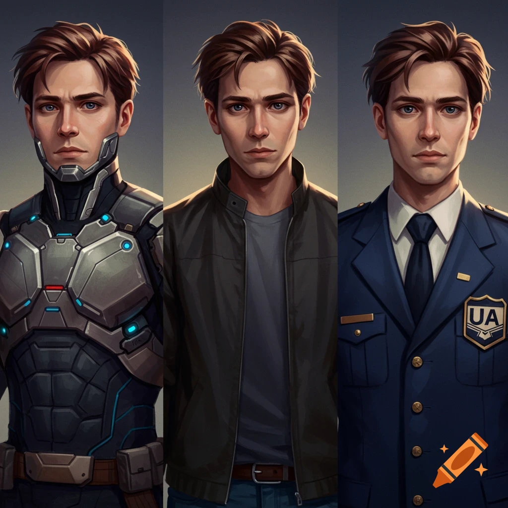 Three side-by-side portraits of a young man, in a sci-fi suit on the left, casual wear in the middle, and a blue uniform with a "UA" badge on the right, in an anime art style.
