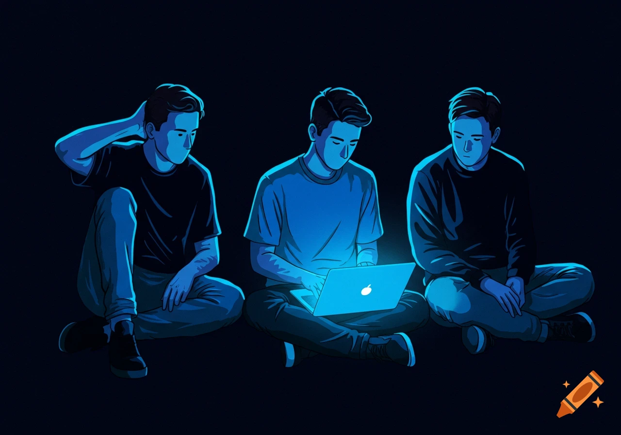 Three stylized young men in blue and black, sitting in a dark room. The middle person uses a glowing laptop.