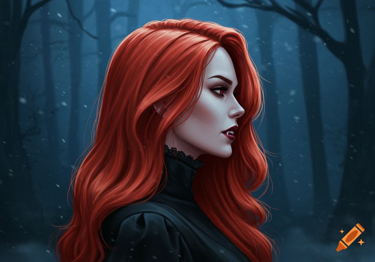 Side profile of a redheaded vampire woman with pale skin, red eyes, and fangs, against a dark, snowy forest background.