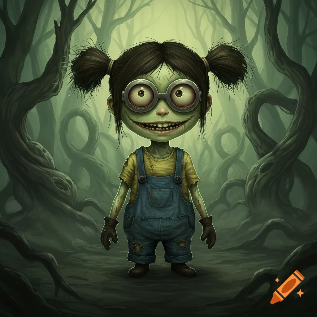 A creepy, green-skinned creature with large goggles and a wide smile, wearing a yellow shirt and blue overalls, stands in a dark, twisted forest.