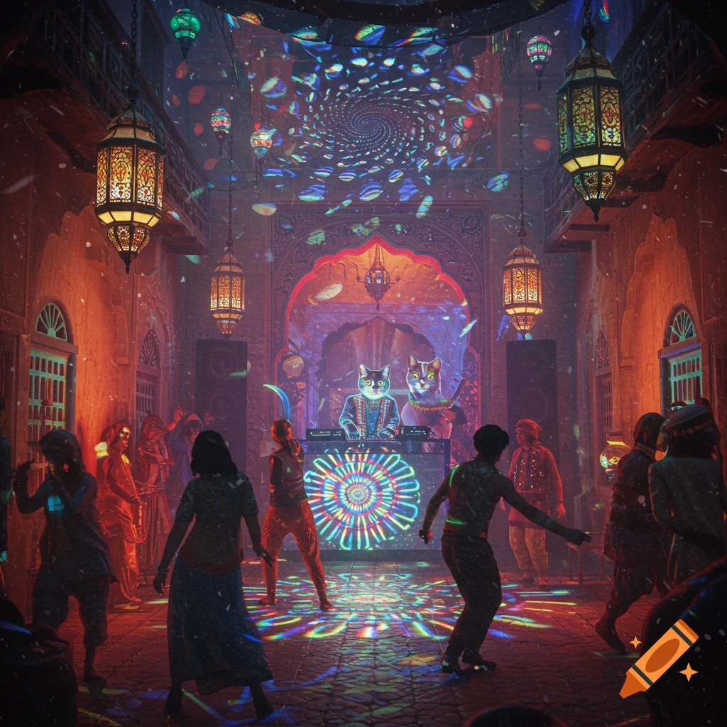 A vibrant disco party with a crowded dance floor and two anthropomorphic cats as DJs in a Moroccan-Indian inspired setting with colorful lights.