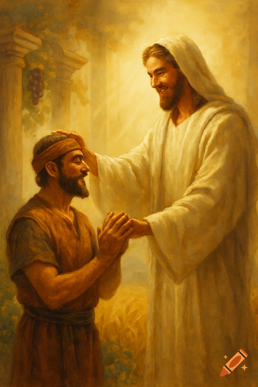 Jesus, in white robes, places a hand on a kneeling man's head in a warm, painterly biblical scene.