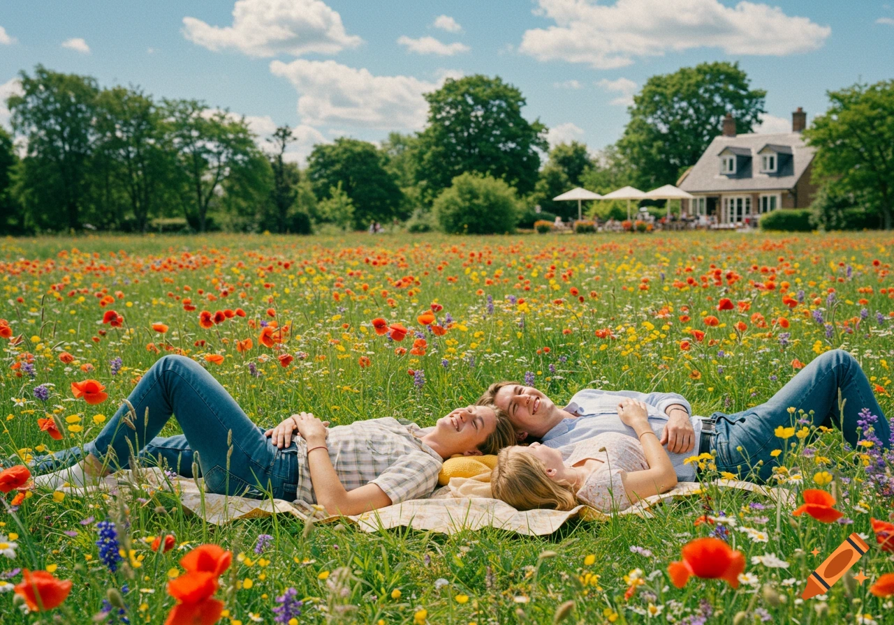 Three young adults smiling and relaxing on a blanket in a vibrant wildflower field on a sunny day, photorealistic.