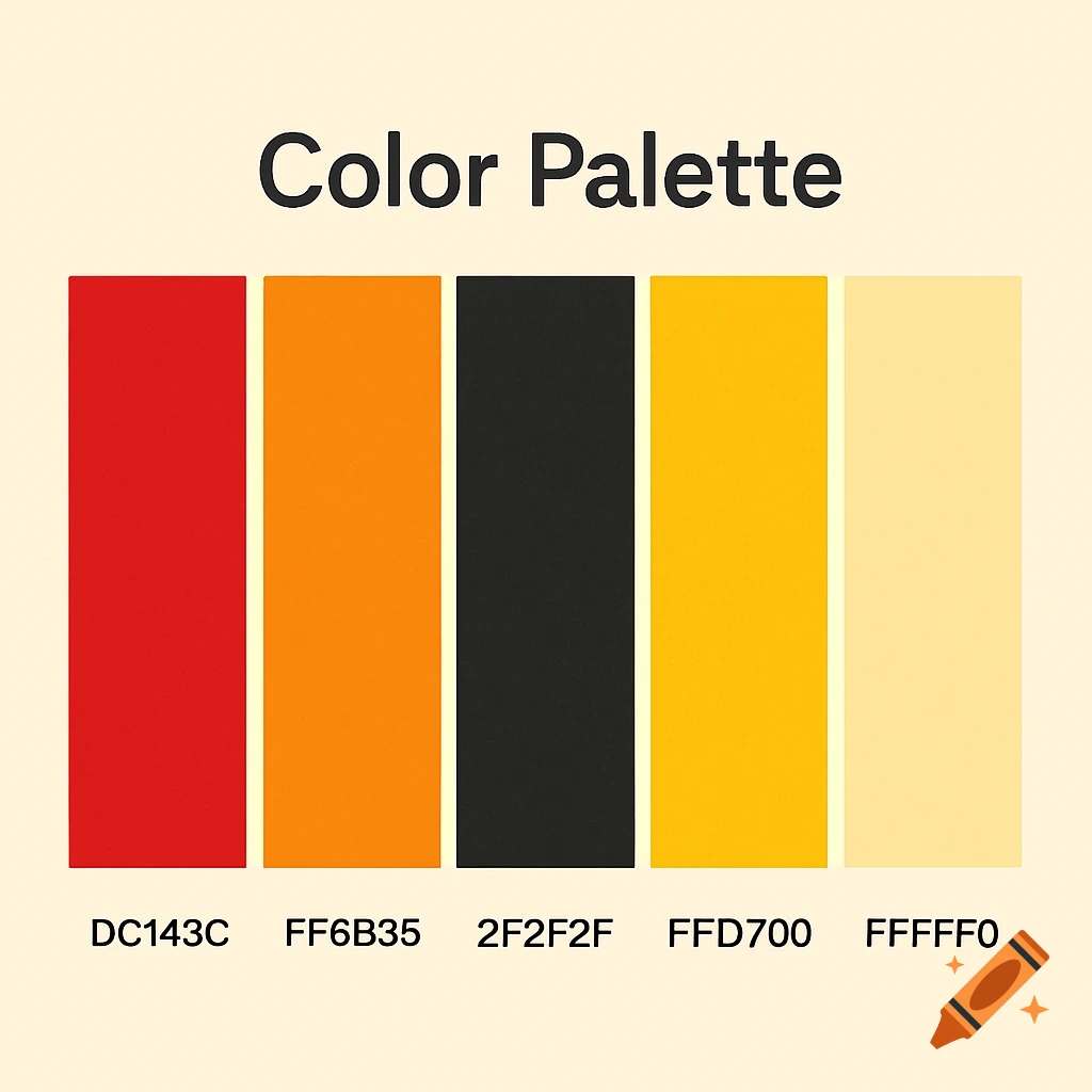 A minimal color palette featuring five vertical rectangles in red, orange, black, yellow, and cream, with corresponding hex codes below them.