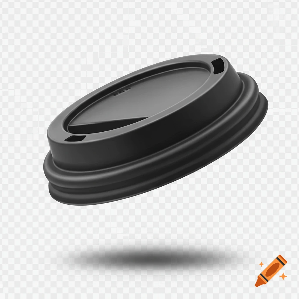 Black plastic coffee cup lid in vector art style, floating with a shadow on a transparent background.