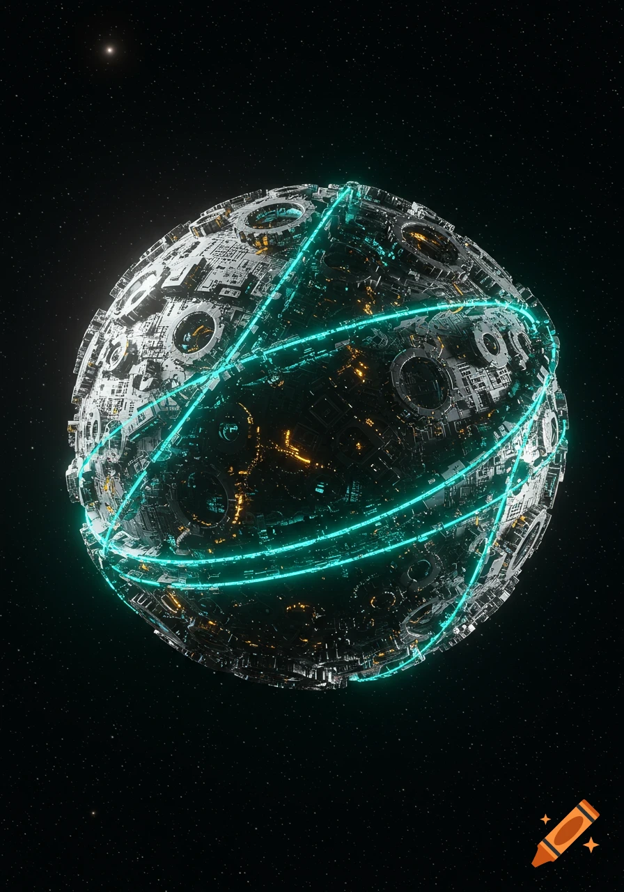 A sphere resembling a futuristic planet or cypher machine, made of intricate metal structures and glowing blue and orange lights, set against a star-filled black space.