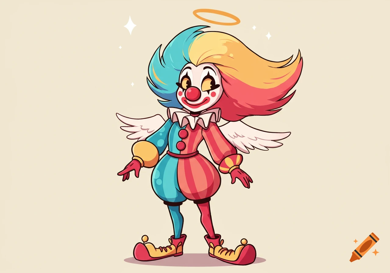 A cartoon female angel-clown with rainbow hair, a red nose, pink cheek circles, a split-color clown costume, a halo, and small white wings.