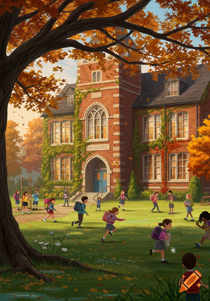 A colorful illustration of children playing on a grassy lawn in front of a large brick school building surrounded by autumn trees.