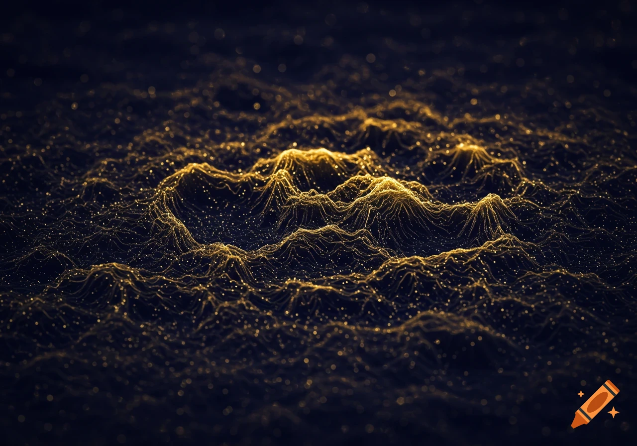 A dark abstract background with glowing golden lines and dots forming undulating peaks and valleys.