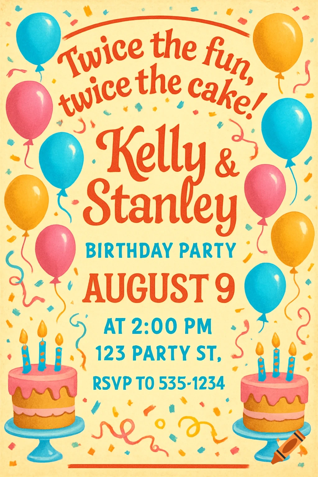 A colorful retro-style birthday invitation with balloons, confetti, and two cakes, announcing a joint party for Kelly & Stanley on August 9th.