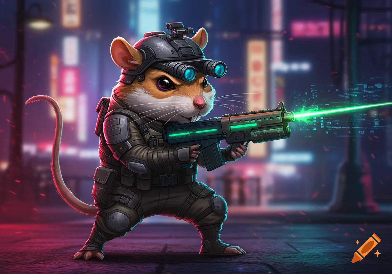 A cartoon gerbil wearing tactical gear and night vision goggles, holding a glowing green laser rifle, in a futuristic city at night.