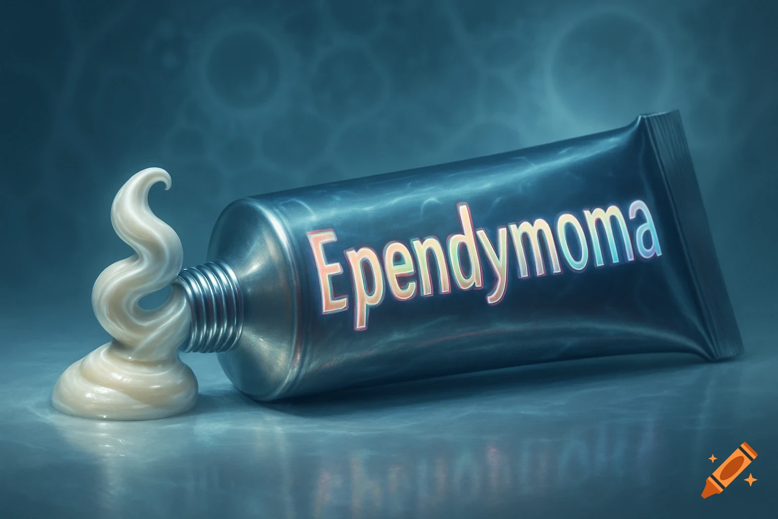 A metallic tube, like a toothpaste or cream tube, with a white, wavy substance squeezed out. The tube is labeled "Ependymoma" in colorful, glowing text. The background is blurred teal with faint circular patterns, suggesting a microscopic view or bubbles.