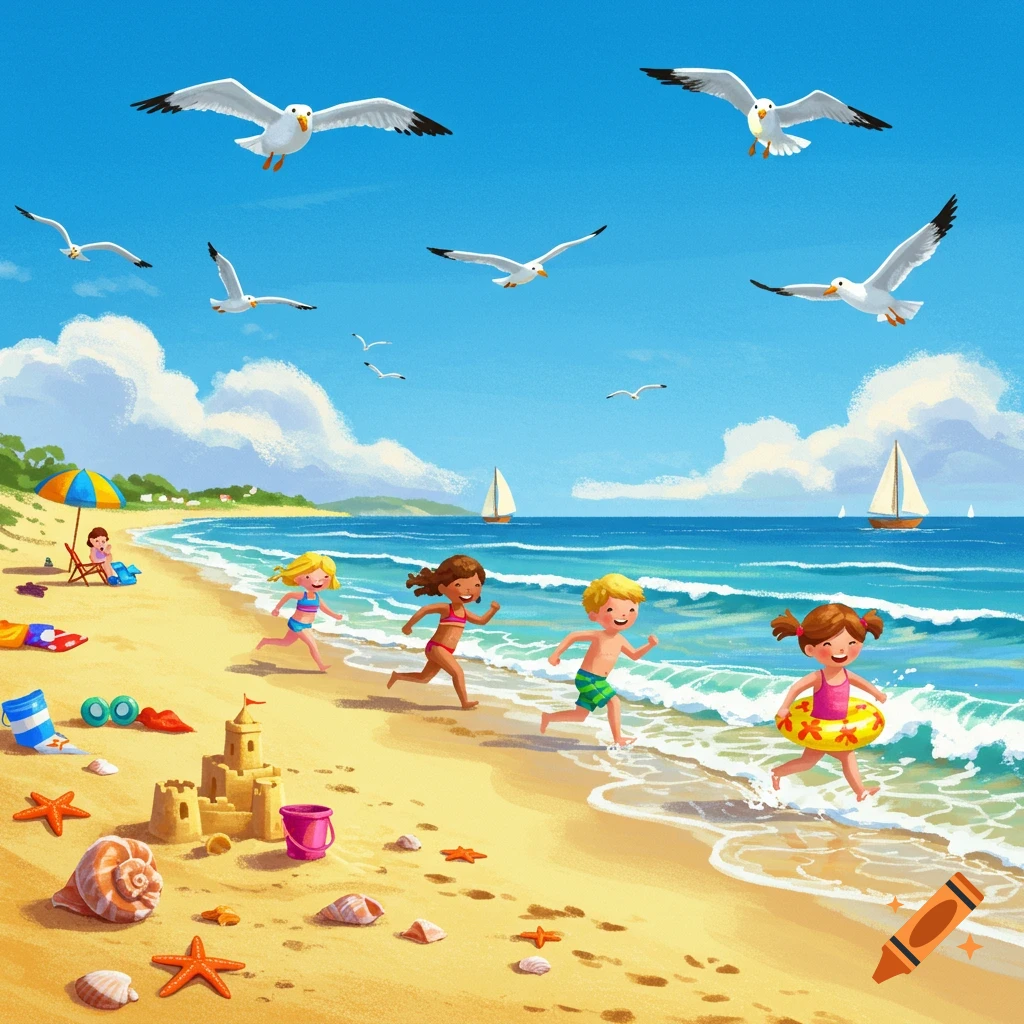 Vibrant illustration of children running and playing on a sunny beach with seagulls flying overhead and sailboats in the ocean.
