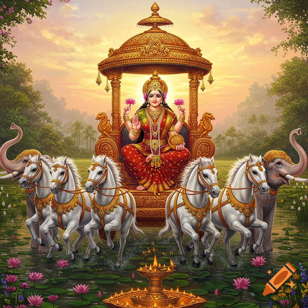 Vibrant illustration of Goddess Lakshmi on a golden chariot pulled by white horses and elephants over water lilies at sunset.