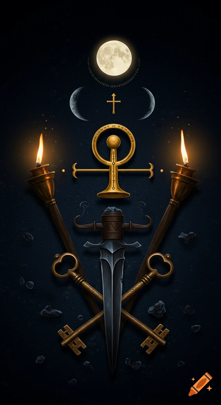 A mystical symbolic image featuring a full moon, crescent moons, a golden strophalos, lit torches, a dagger, and crossed keys on a dark background.
