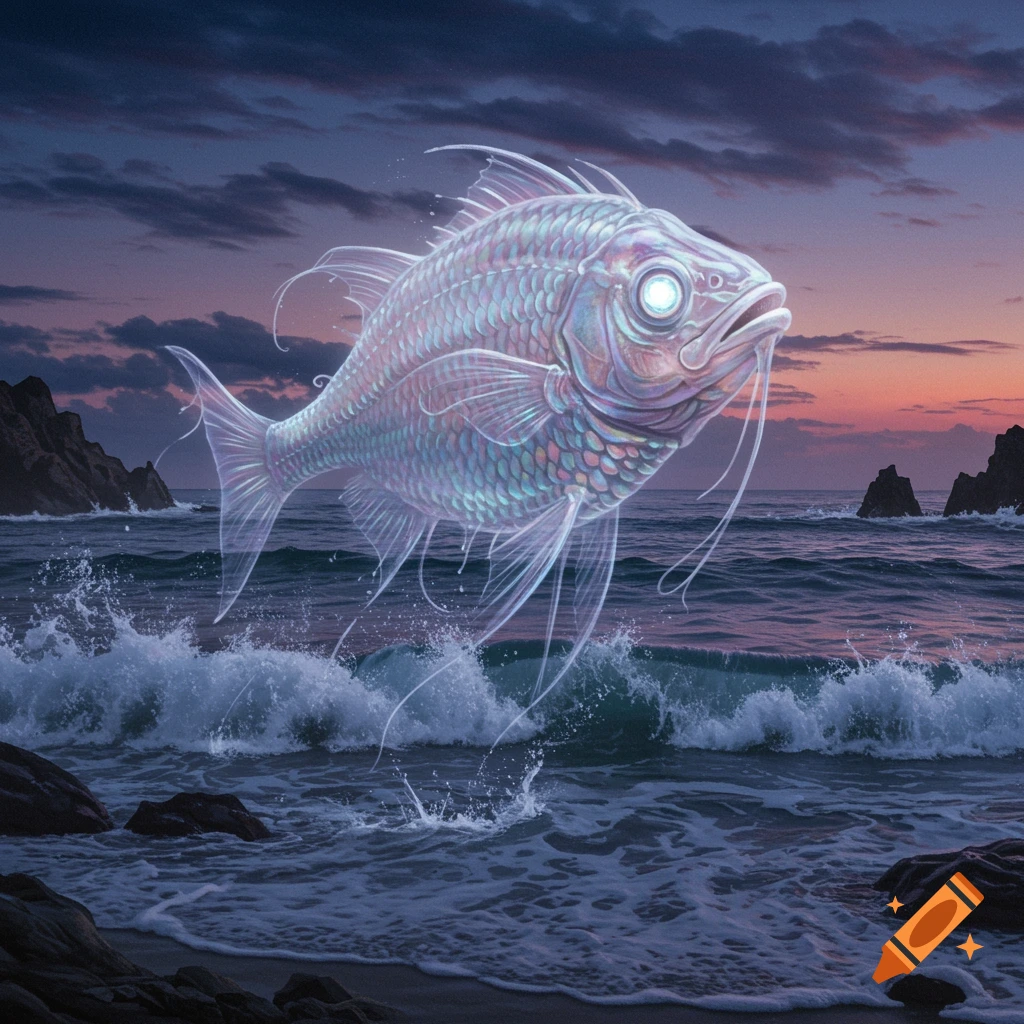 An ethereal, glowing fish leaps from dark ocean waves onto a rocky shore at twilight.