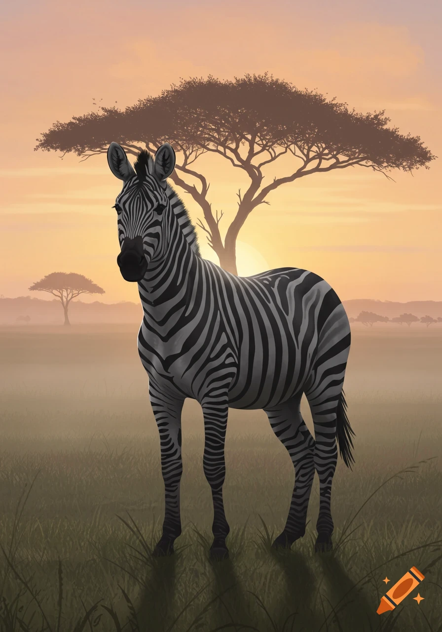 A black and white zebra stands in a grassy savanna at sunset, with acacia trees in the background, illustrated.