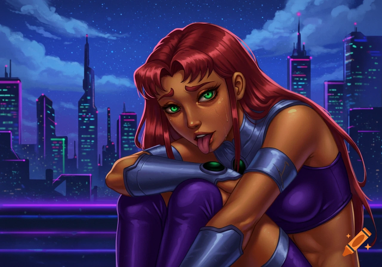 Starfire, a red-haired superheroine, crouches with a tired expression and her tongue out against a neon-lit futuristic city skyline at night.