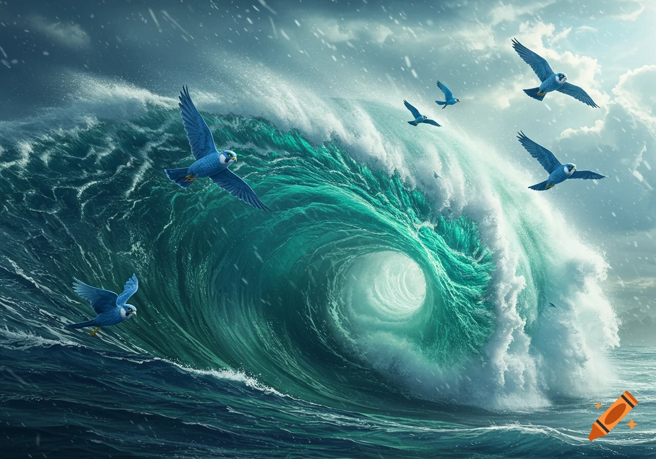 Blue falcons fly around a massive teal-colored ocean wave curling into a tunnel, under a stormy sky.