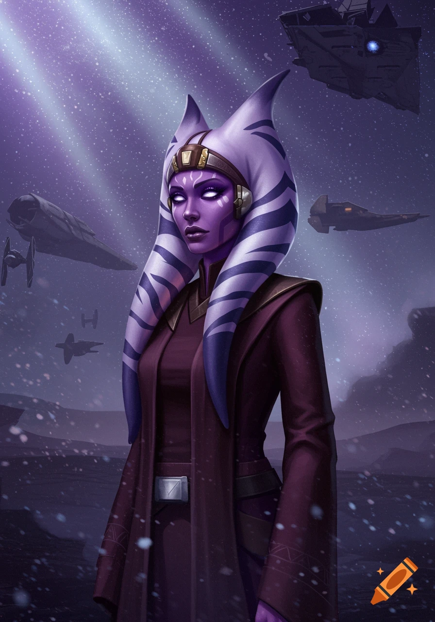A purple-skinned Togruta female from Star Wars with white facial markings, standing in a snowy landscape with spaceships in the sky.