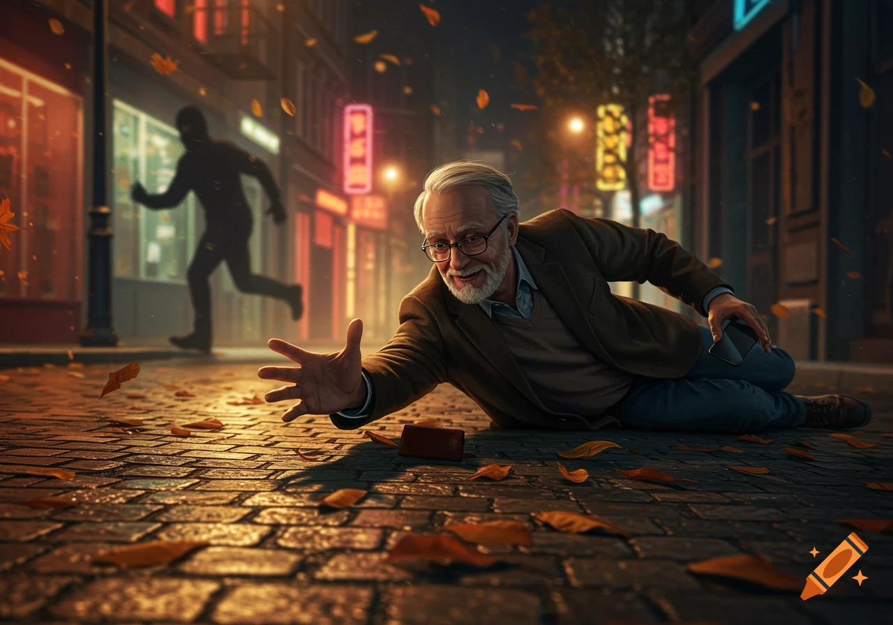 Elderly man fallen on a wet autumn street at night, reaching for his wallet as a silhouetted robber flees.