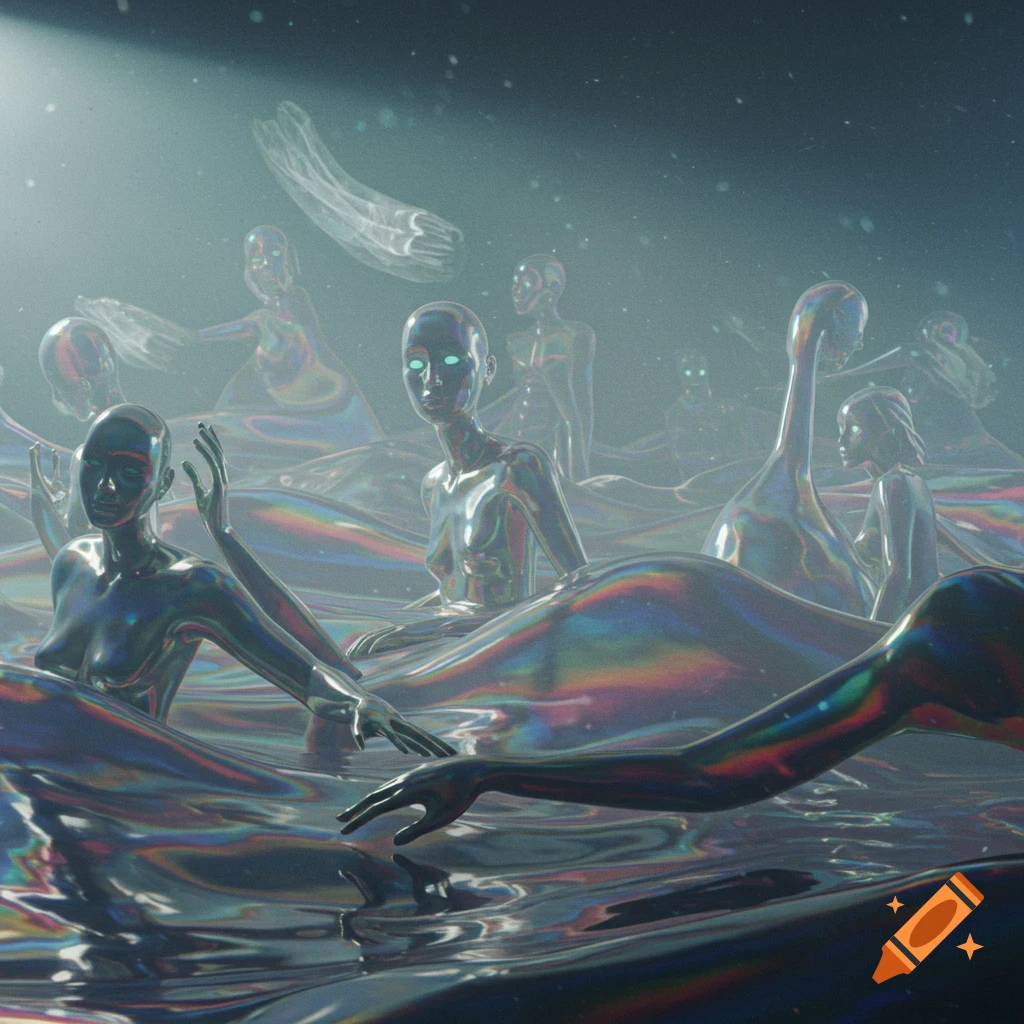 Multiple chrome-like humanoid figures with glowing eyes emerge from iridescent liquid in a misty, surreal environment with ethereal forms.