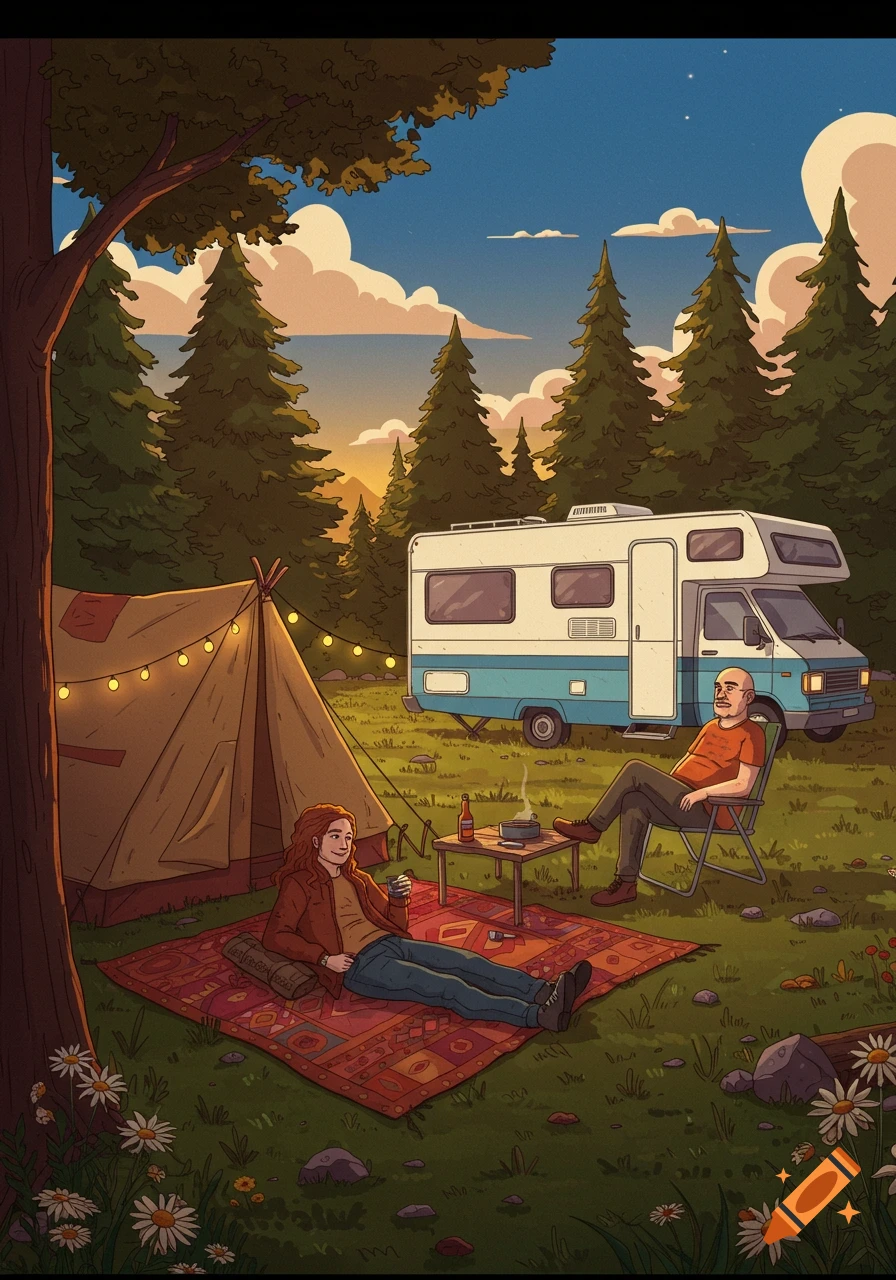 A woman on a rug and a bald man in a chair camp beside a tent and RV in a forest at sunset, illustration.
