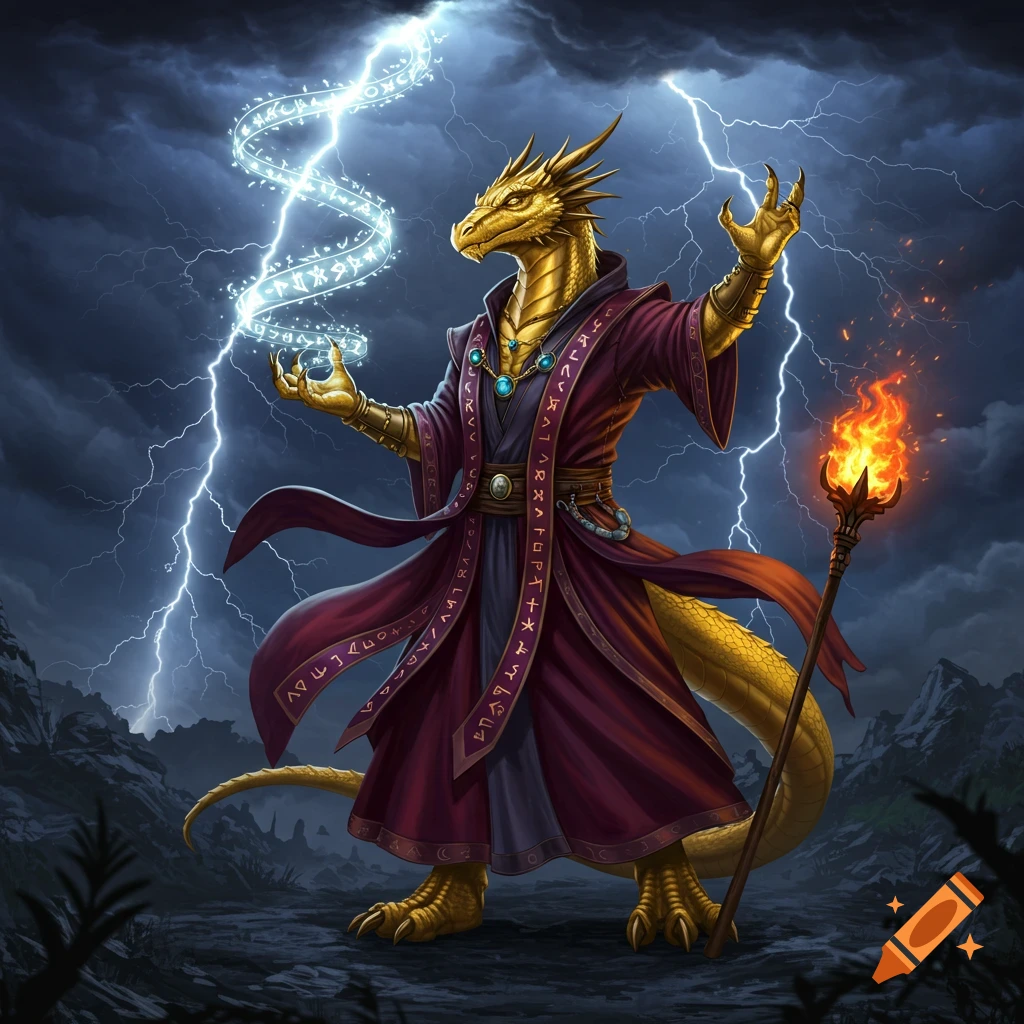 A golden Dragonborn wizard in a purple robe casts a lightning spell with runes amidst a stormy sky.