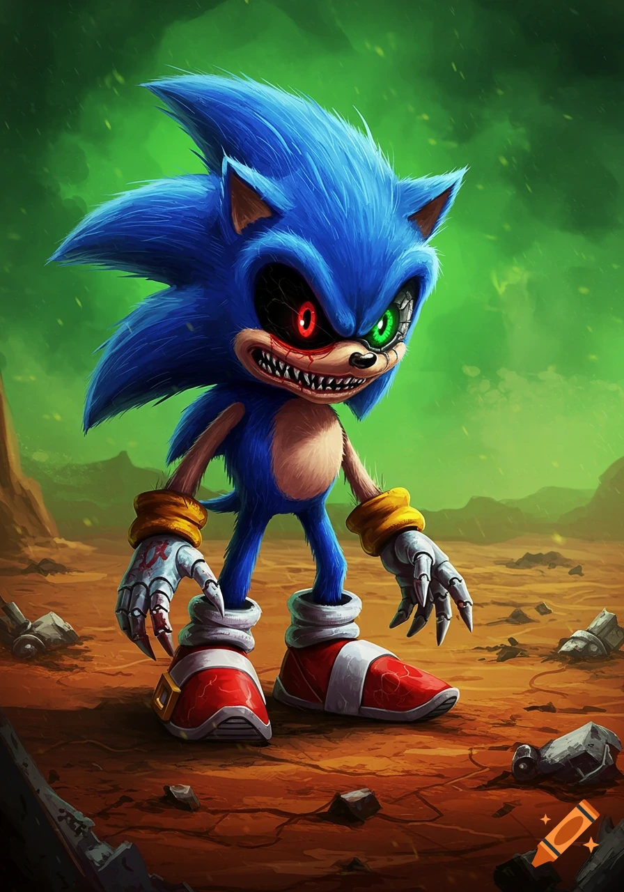 A grotesque, monster-like Sonic character with red and green glowing eyes, sharp teeth, and bloodied metal claws stands in a desolate landscape with a toxic green sky.