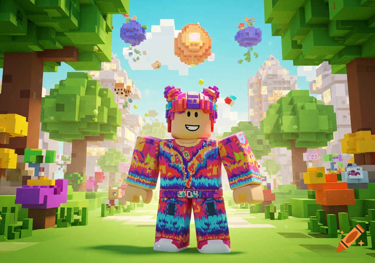 A smiling Roblox character with colorful hair and a tie-dye outfit in a bright, blocky video game world.