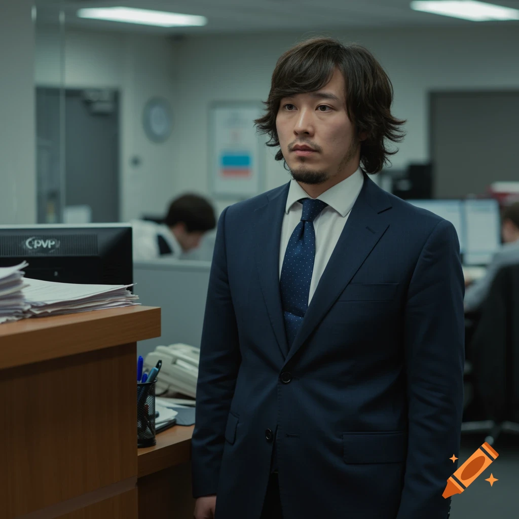 A man with shaggy hair and a beard wearing a navy suit stands in an office with a monitor and papers.