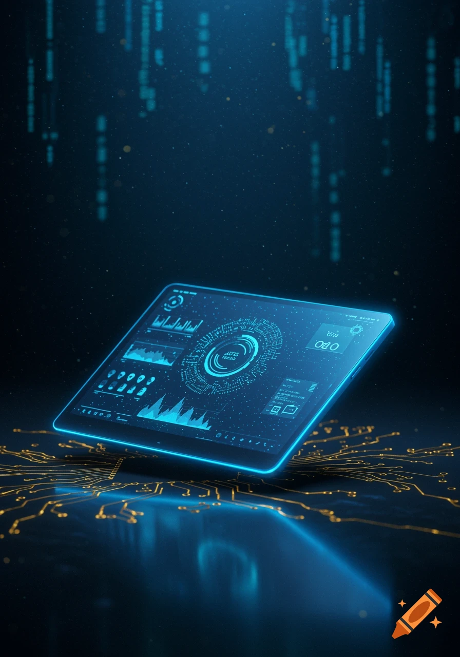 Glowing blue digital display with charts and data on a circuit board, against a dark, data-streaked background.